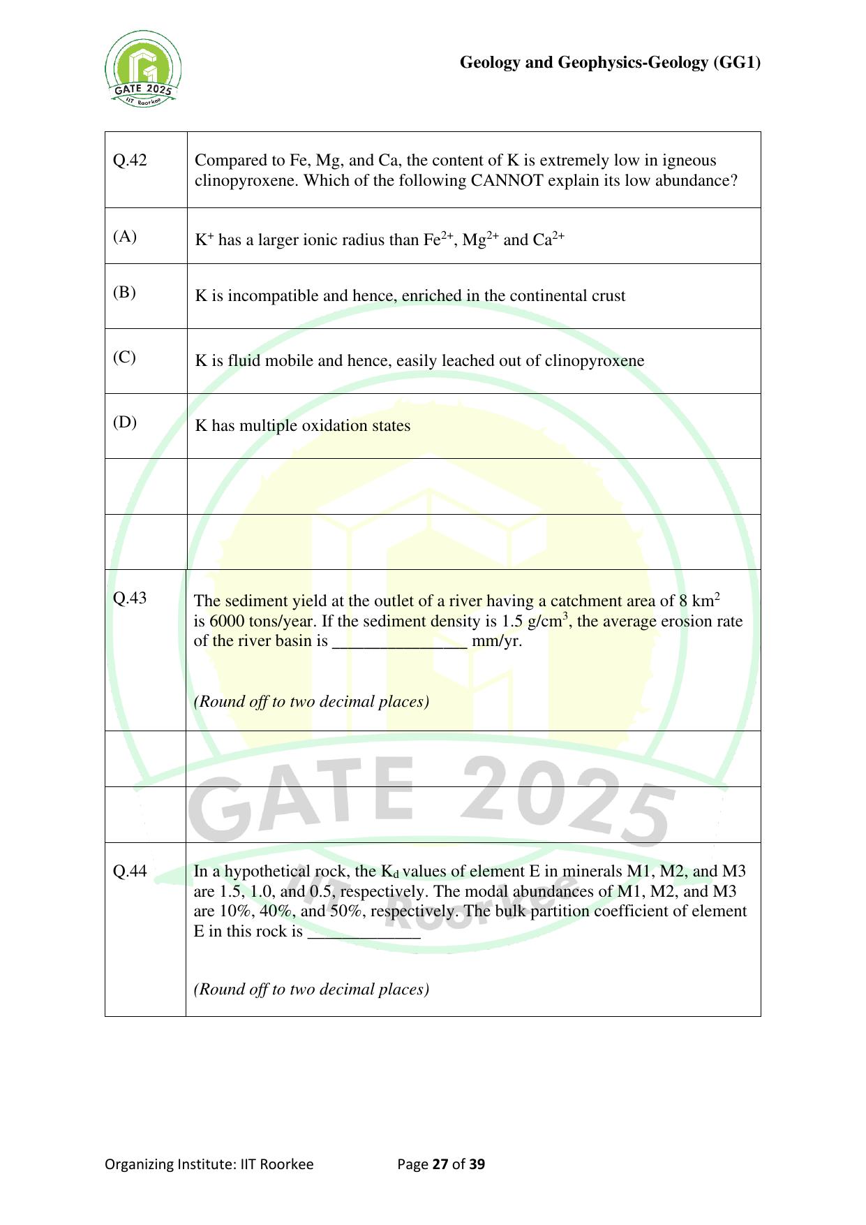 GATE 2025 Geology and Geophysics - Geology (GG-1) Question Paper - Page 27