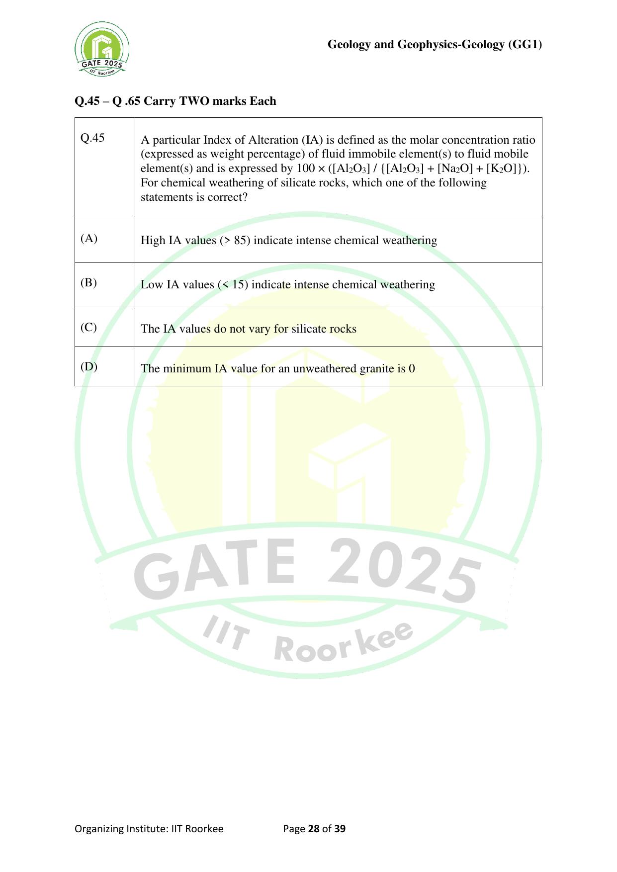 GATE 2025 Geology and Geophysics - Geology (GG-1) Question Paper - Page 28