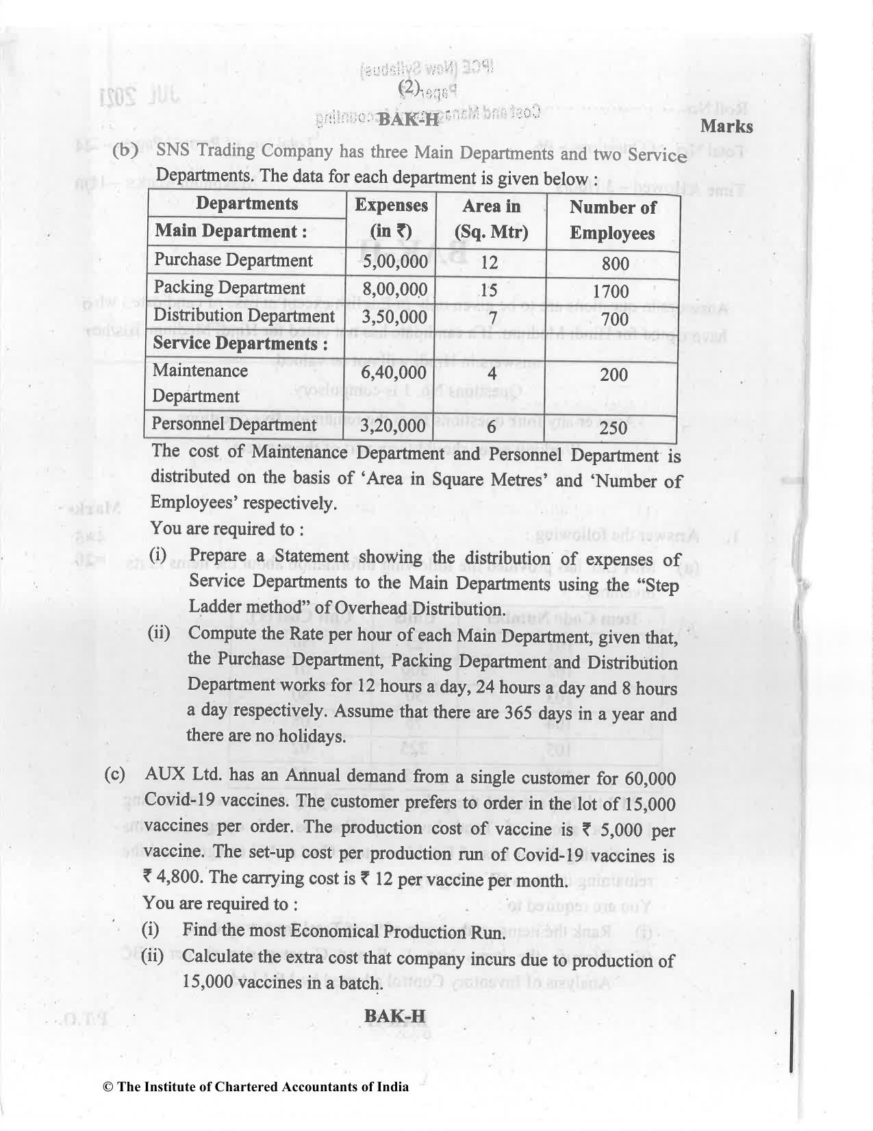 CA Inter Jul 2021 Question Paper - Paper 3 – Cost and Management Accounting - Page 2