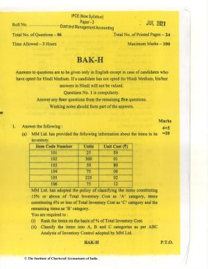 CA Inter Jul 2021 Question Paper - Paper 3 – Cost and Management Accounting