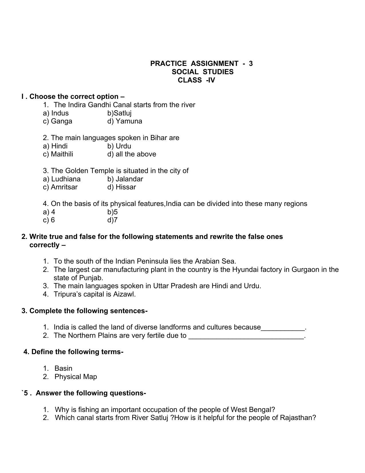 Worksheet for Class 3 Social Science Assignment 4 - Page 1