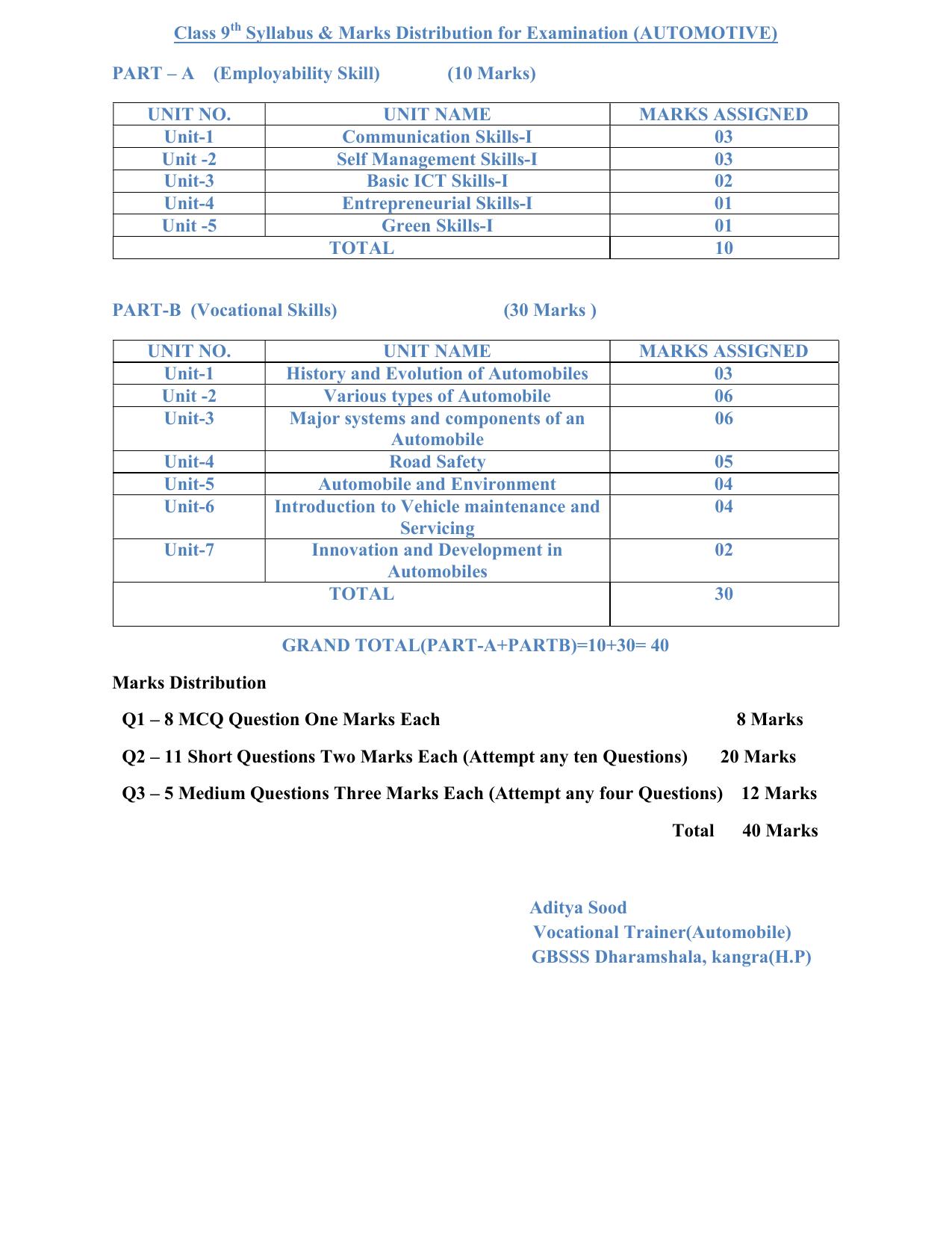 HPBOSE Class 9th Automotive Sample Question Papers 2025 - Page 1