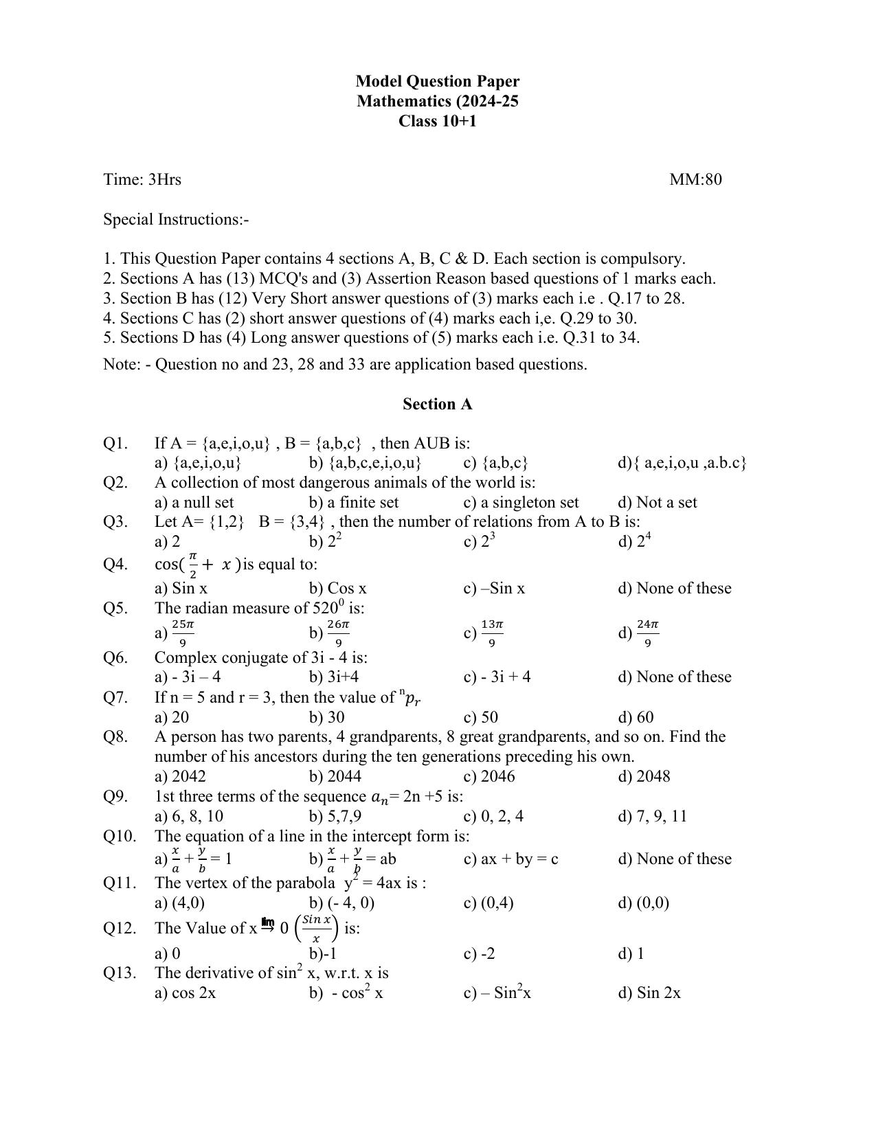 HPBOSE Class 11th Mathematics Sample Question Papers 2025 - Page 1