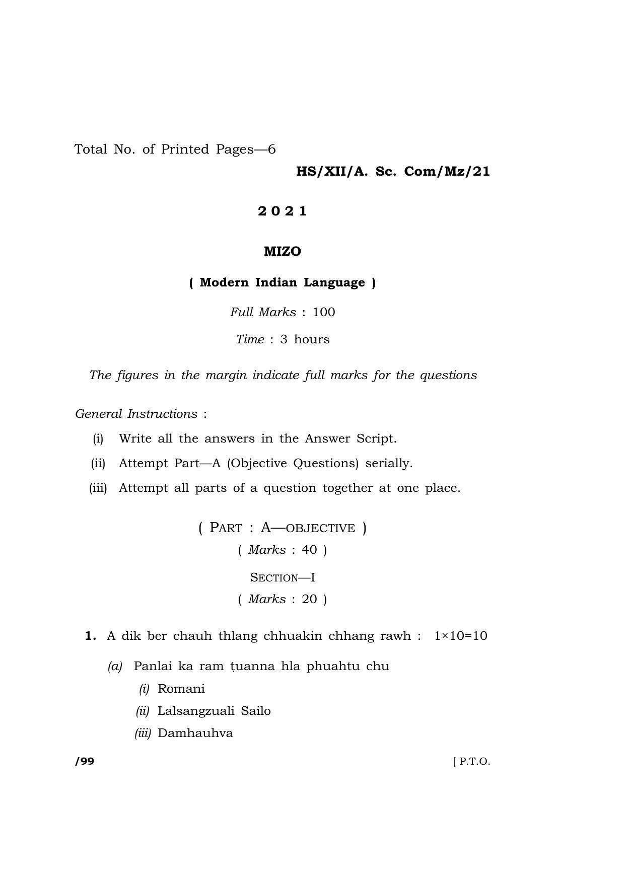Meghalaya Board (MBOSE) Class 12 MIZO  (HS-XII-A. Sc. Com-Mz-21) 2021 Question Paper - Page 1