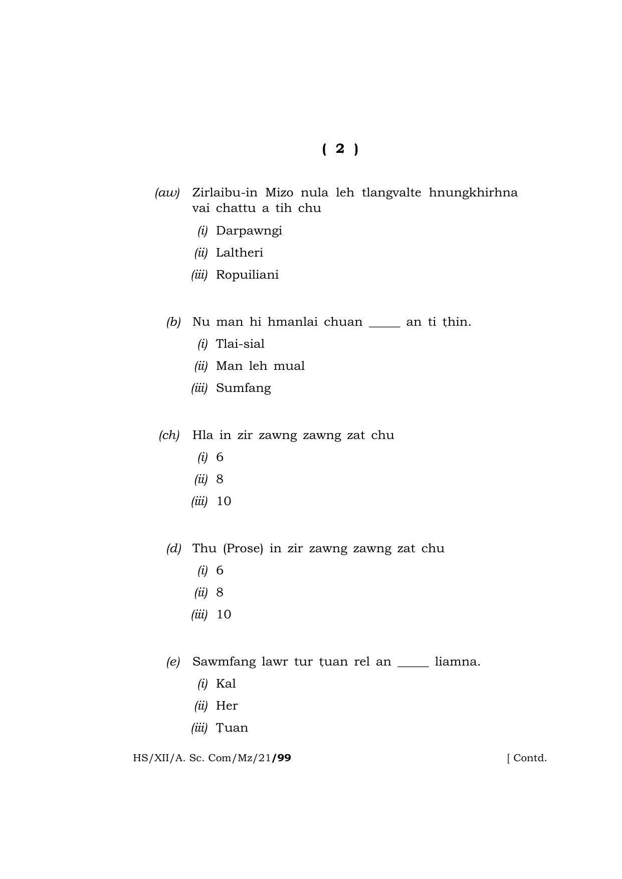 Meghalaya Board (MBOSE) Class 12 MIZO  (HS-XII-A. Sc. Com-Mz-21) 2021 Question Paper - Page 2
