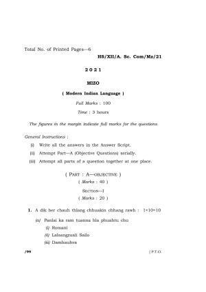Meghalaya Board (MBOSE) Class 12 MIZO  (HS-XII-A. Sc. Com-Mz-21) 2021 Question Paper