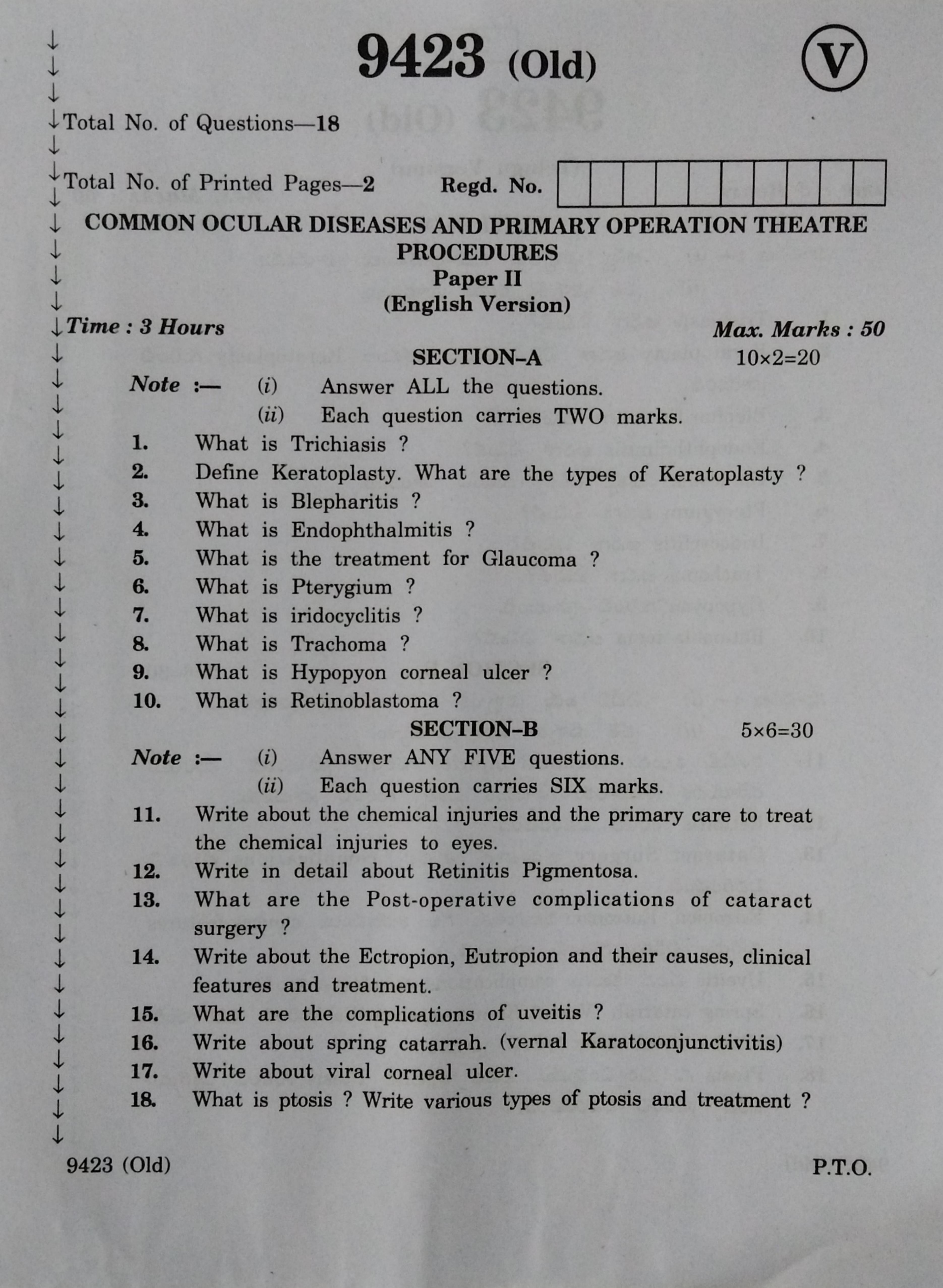 AP Inter 2nd Year Common Ocular Diseases Primary Operation Theatre Procedures-II (old) March-2020-Vocational Question Pape - Page 1