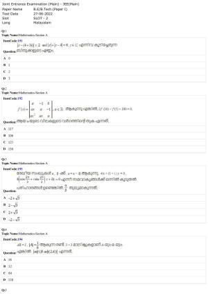 JEE Mains 2022: B.E/B.Tech.(Paper I) Malayalam (Shift 2) 27-06-2022 Question Paper