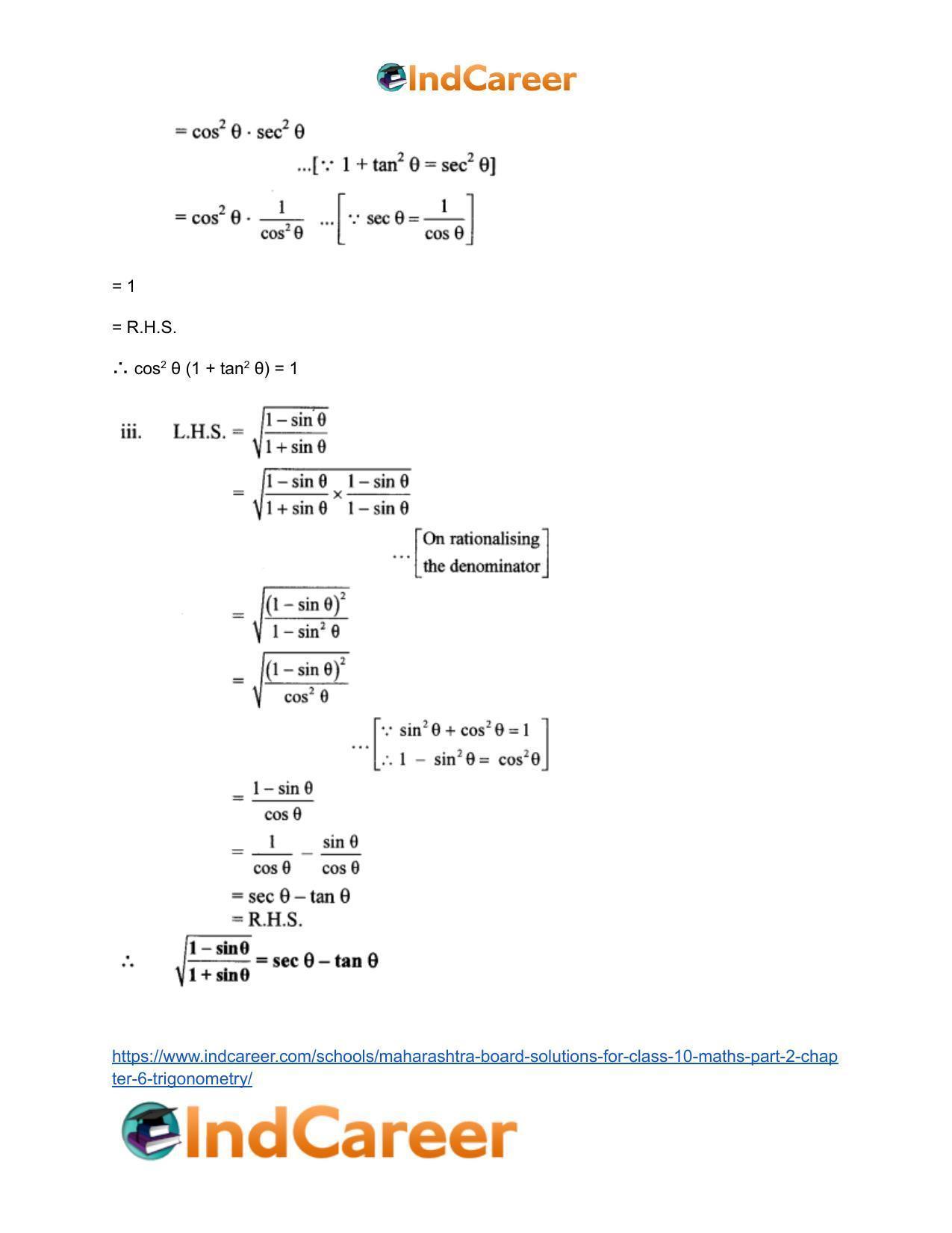 Maharashtra Board Solutions for Class 10-Maths (Part 2): Chapter 6- Trigonometry - Page 13