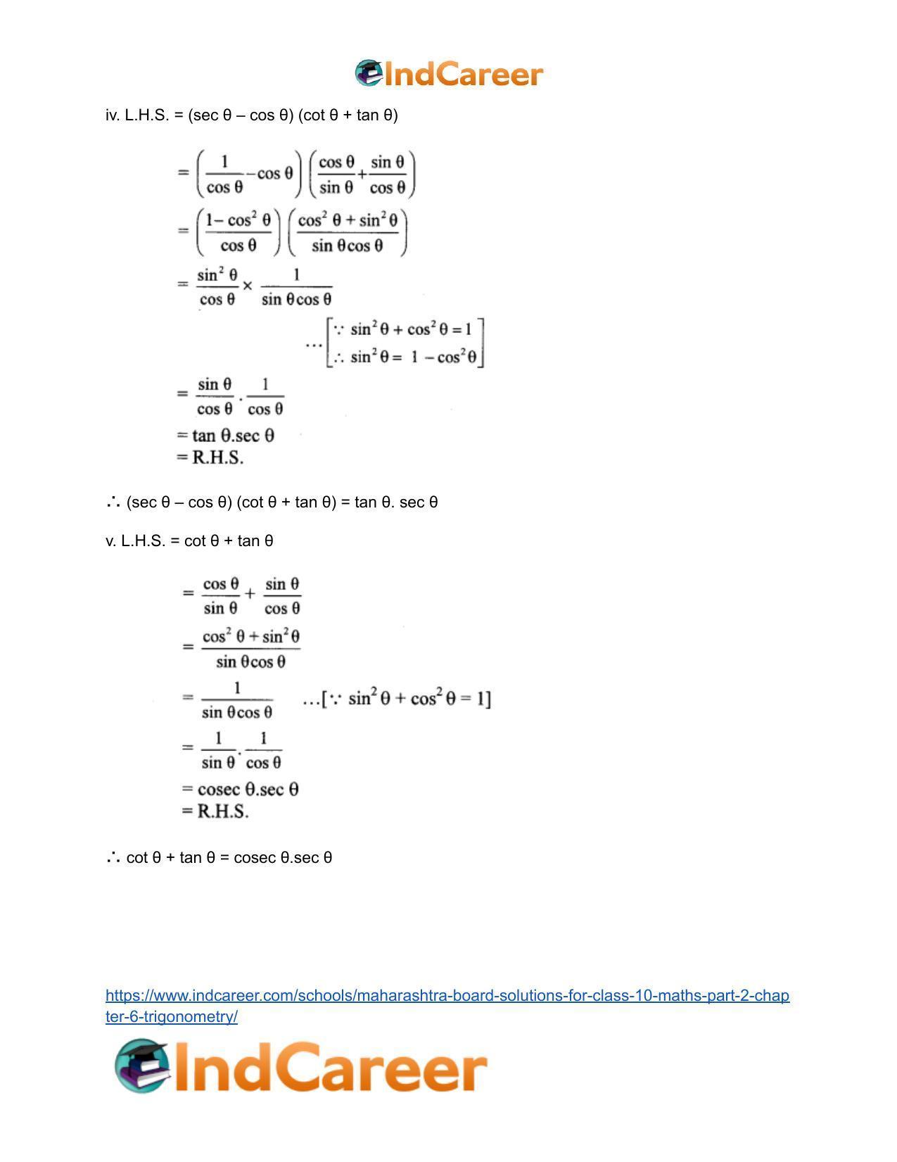 Maharashtra Board Solutions for Class 10-Maths (Part 2): Chapter 6- Trigonometry - Page 14