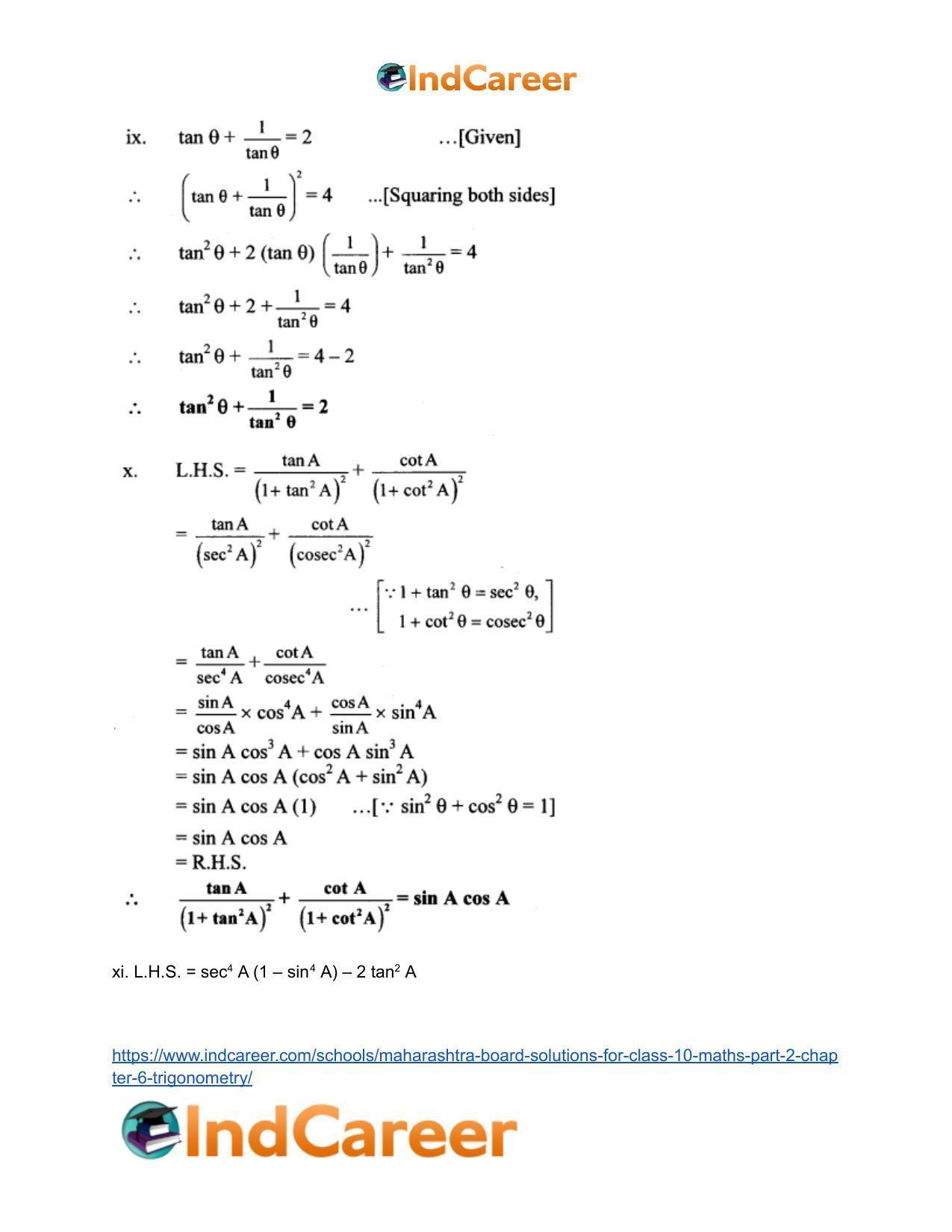 Maharashtra Board Solutions for Class 10-Maths (Part 2): Chapter 6- Trigonometry - Page 17
