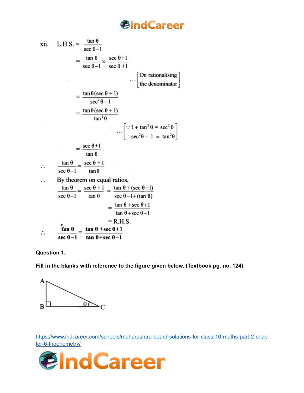 Maharashtra Board Solutions for Class 10-Maths (Part 2): Chapter 6- Trigonometry - Page 19