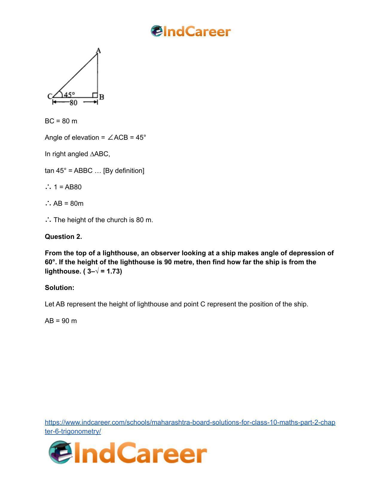Maharashtra Board Solutions for Class 10-Maths (Part 2): Chapter 6- Trigonometry - Page 22