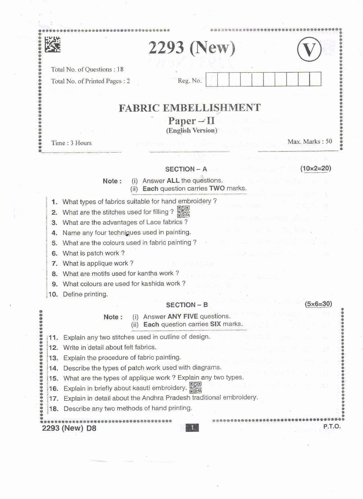 AP Intermediate 2nd Year Vocational Question Paper September-2021- Fabric_Embellishment-II - Page 1