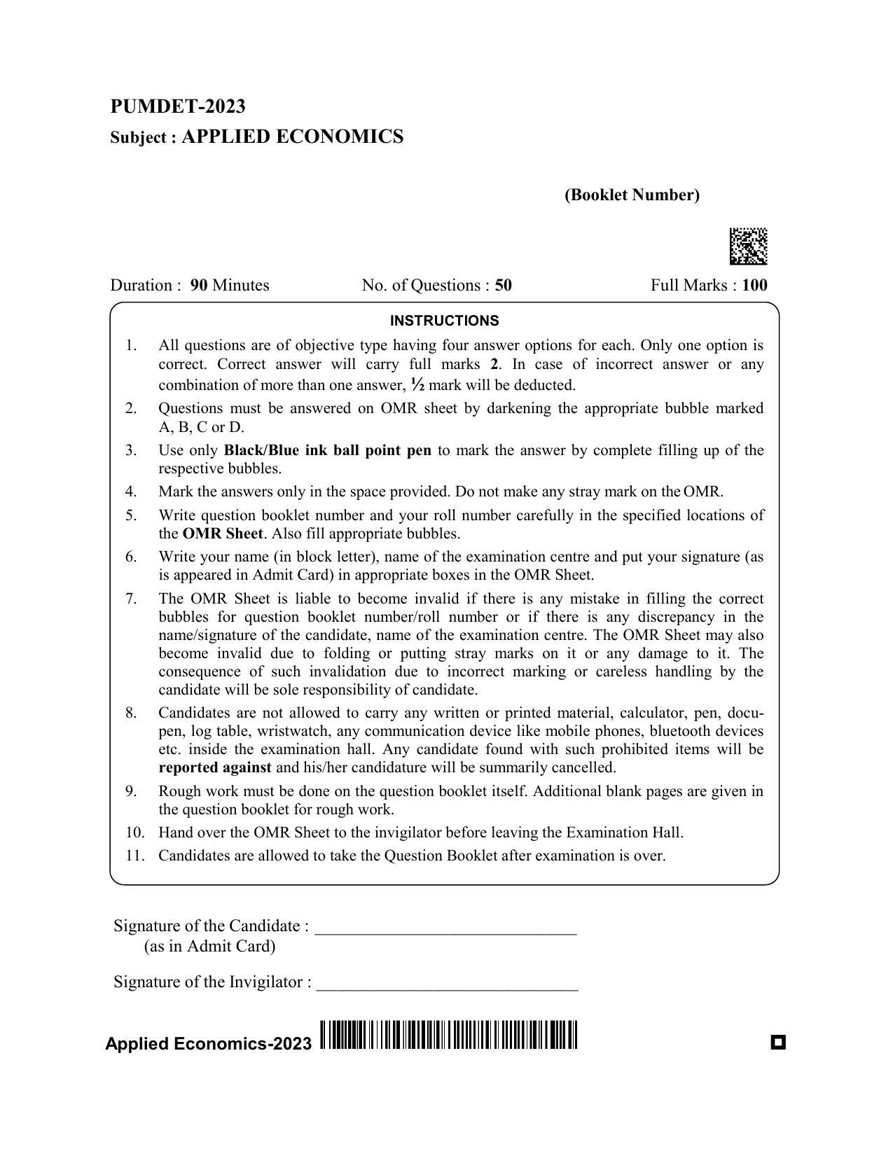 PUBDET 2023 Applied Economics Question Paper - Page 1