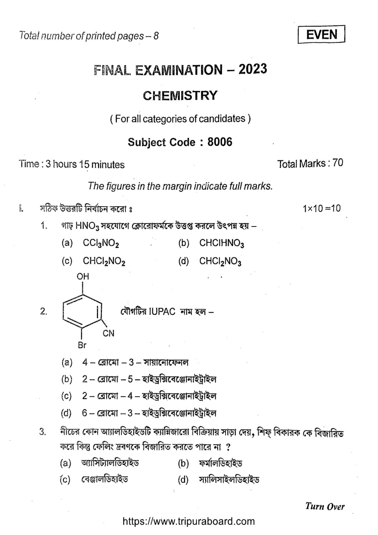 TBSE Class 12 Chemistry Question Paper 2023 - Page 1