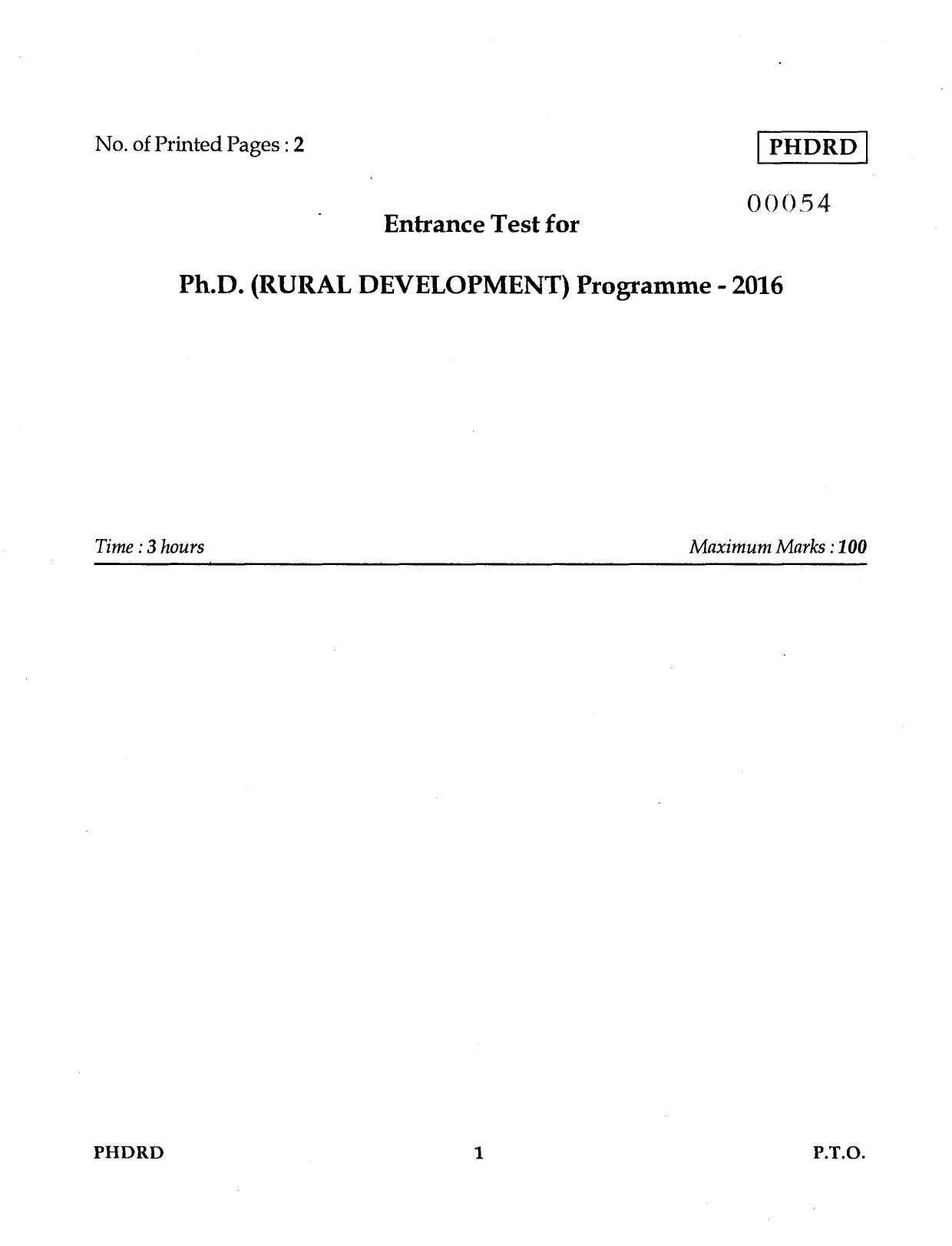 IGNOU PhD Entrance Test Ph.D Rural Development 2016 Question Paper - Page 1