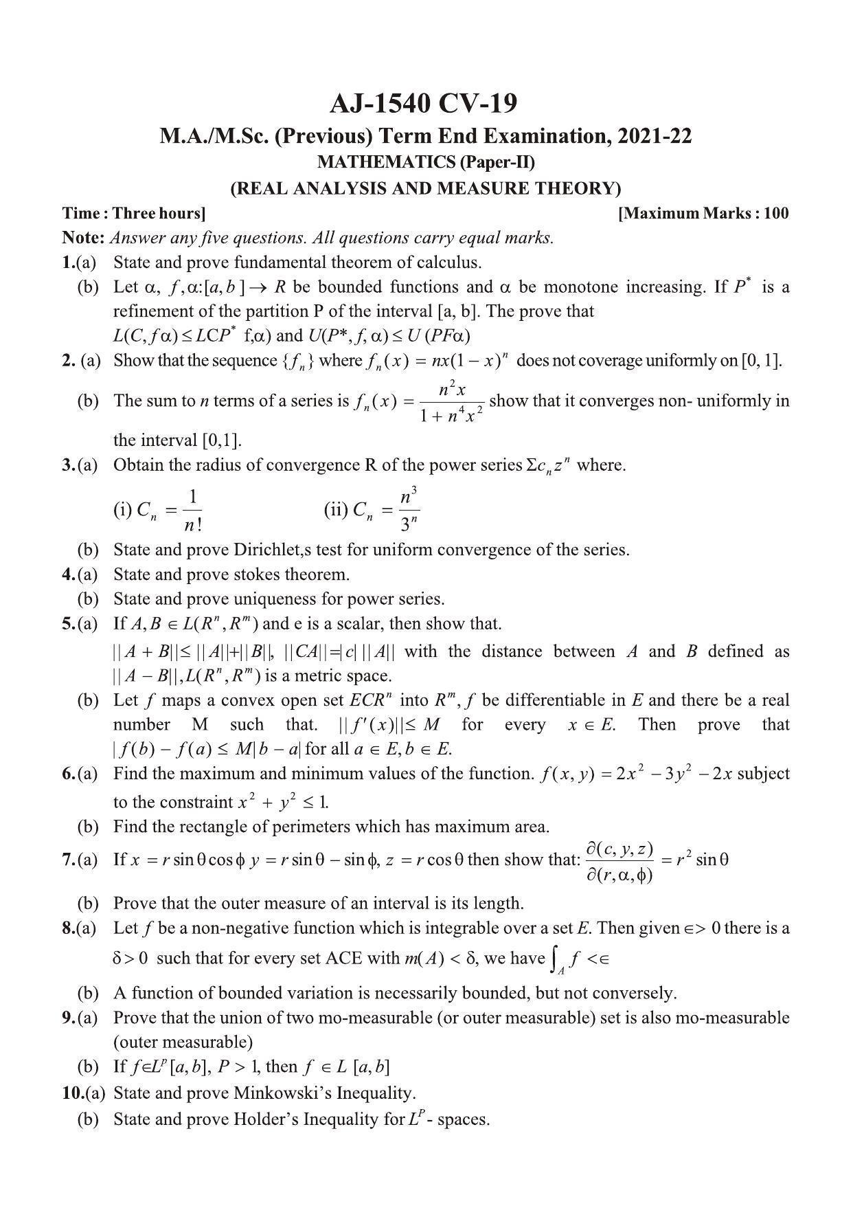 Bilaspur University Question Paper 2021-2022:M.Sc (Previous) Mathematics Real Analysis & Measure Theory Paper 1 - Page 1