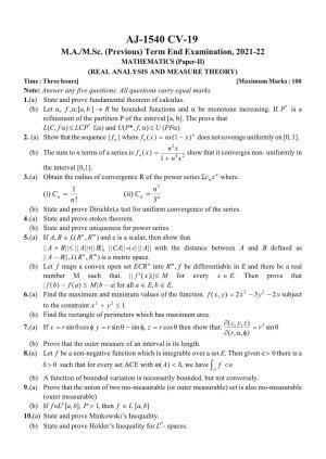 Bilaspur University Question Paper 2021-2022:M.Sc (Previous) Mathematics Real Analysis & Measure Theory Paper 1