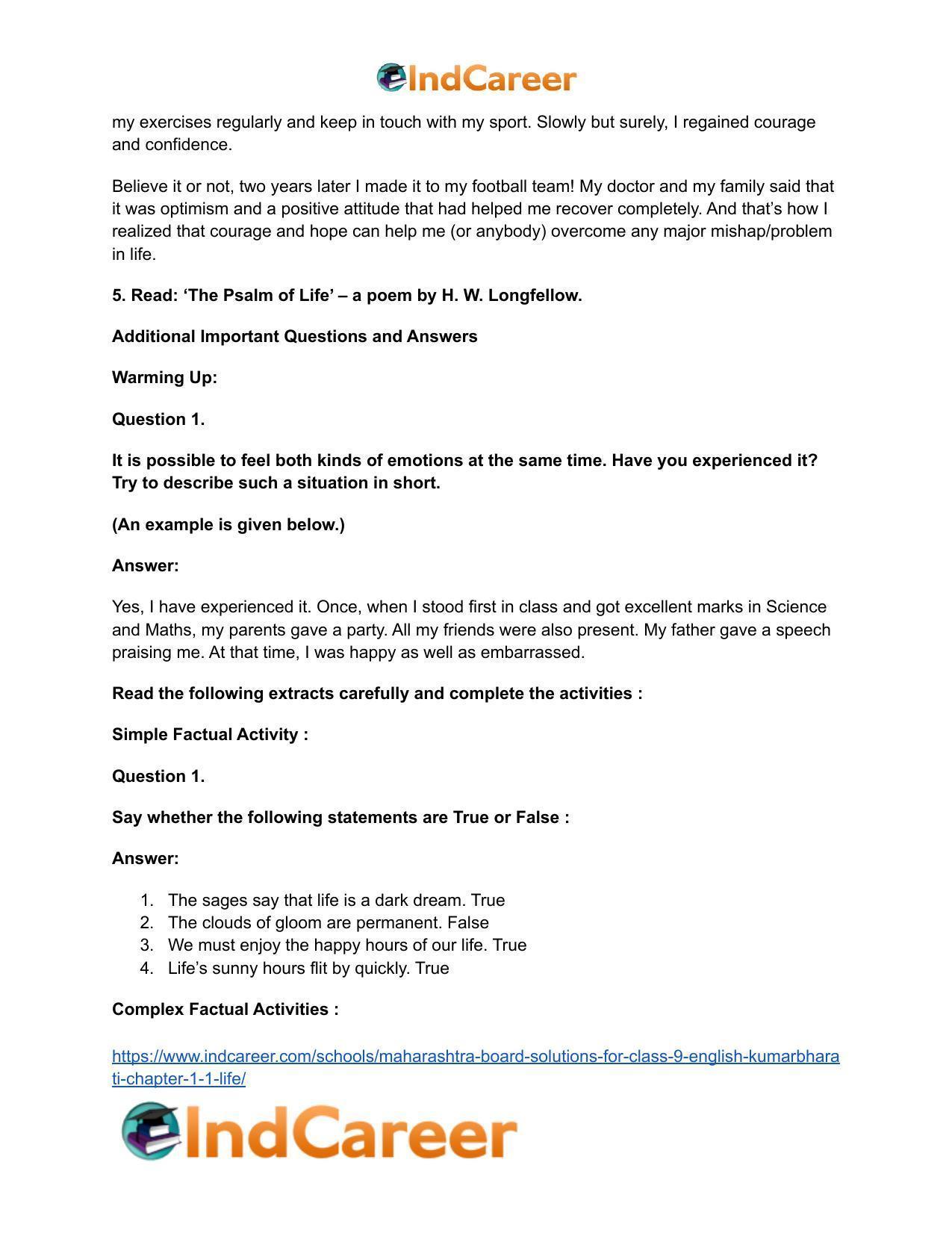 Maharashtra Board Solutions for Class 9- English Kumarbharati: Chapter 1.1- Life - Page 11