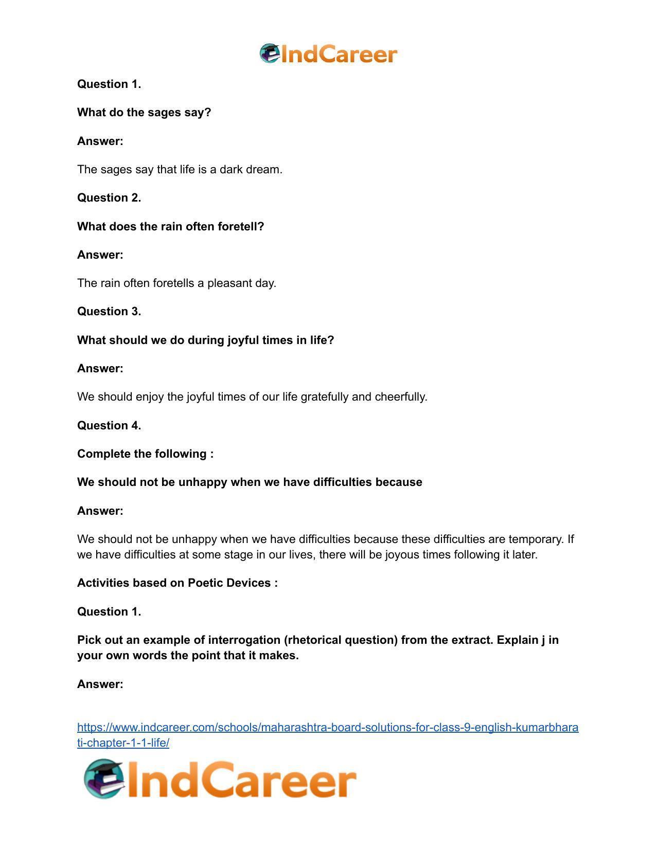 Maharashtra Board Solutions for Class 9- English Kumarbharati: Chapter 1.1- Life - Page 12