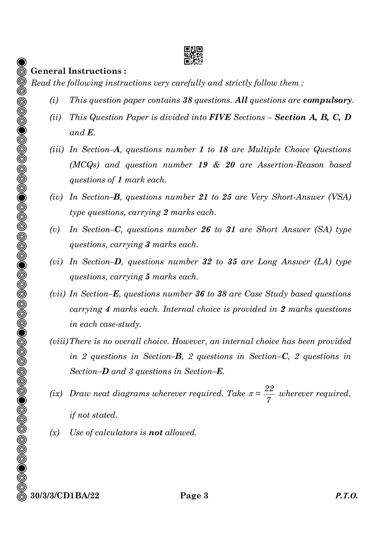 CBSE Class 10 30-3-3 Mathematics Standard 2024 Question Paper - Page 3