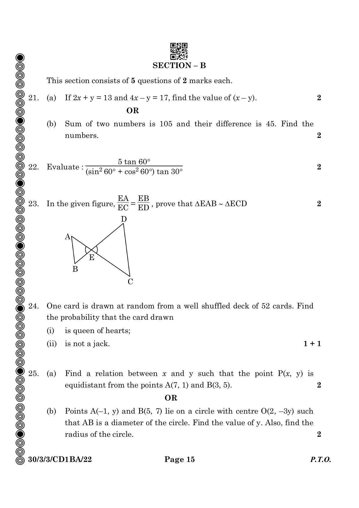 CBSE Class 10 30-3-3 Mathematics Standard 2024 Question Paper - Page 15
