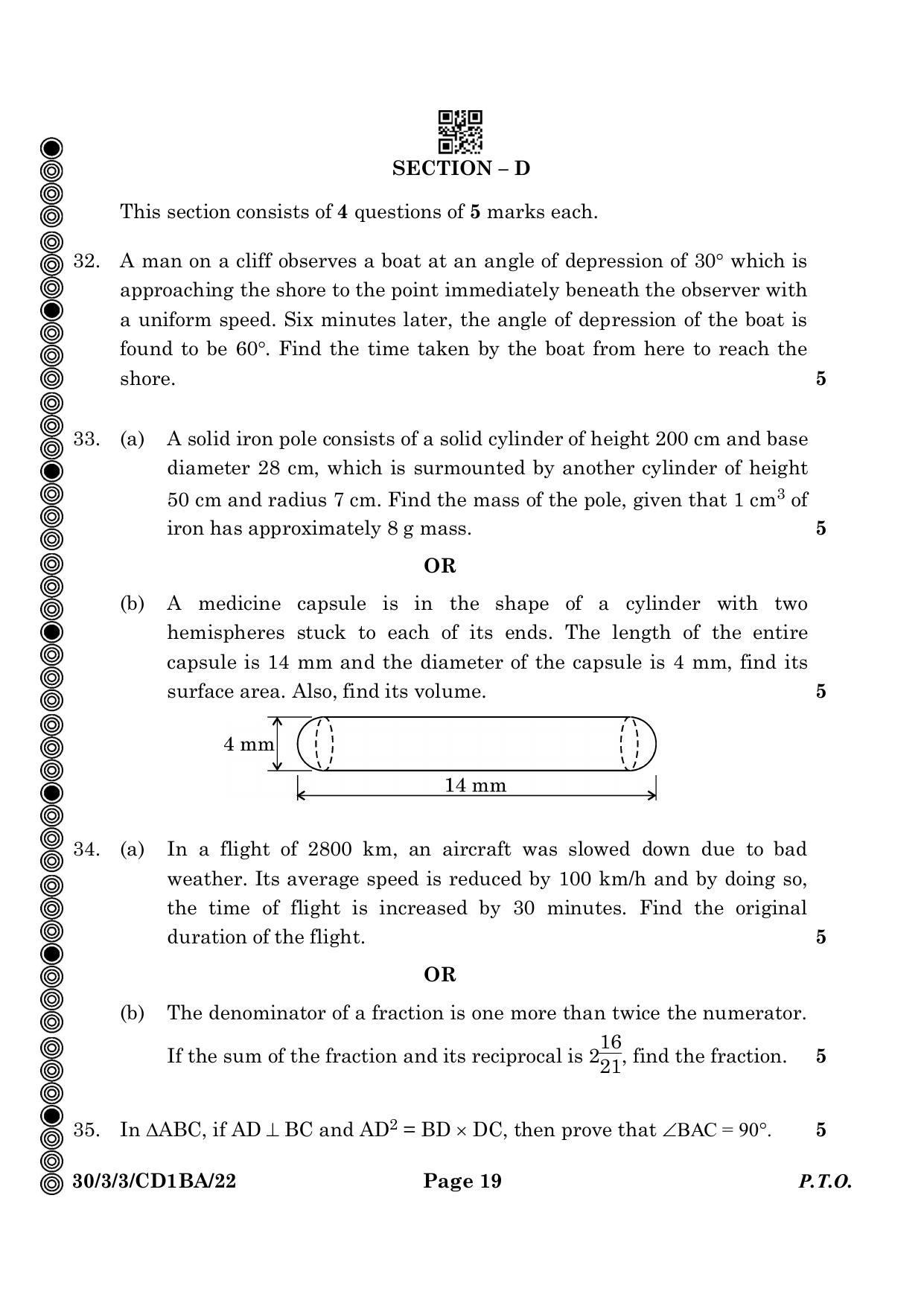 CBSE Class 10 30-3-3 Mathematics Standard 2024 Question Paper - Page 19