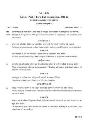 Bilaspur University Question Paper 2021-2022: B.COM Part-I (One) (10+2+3) II.Business Communication Paper 2
