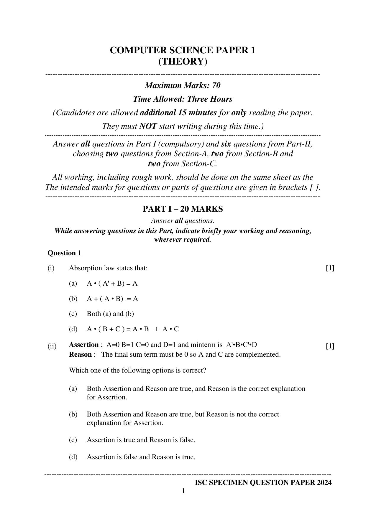 ISC Class 12 2024 Computer Science Paper 1 Sample Paper - Page 1