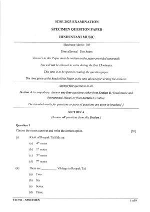 ICSE Class 10 Hindustani Music Sample Paper 2023