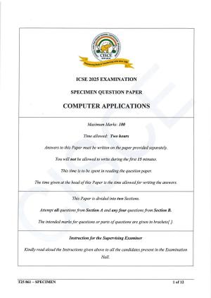 ICSE Class 10 2025 Computer Applications (QP & MS) Specimen Paper