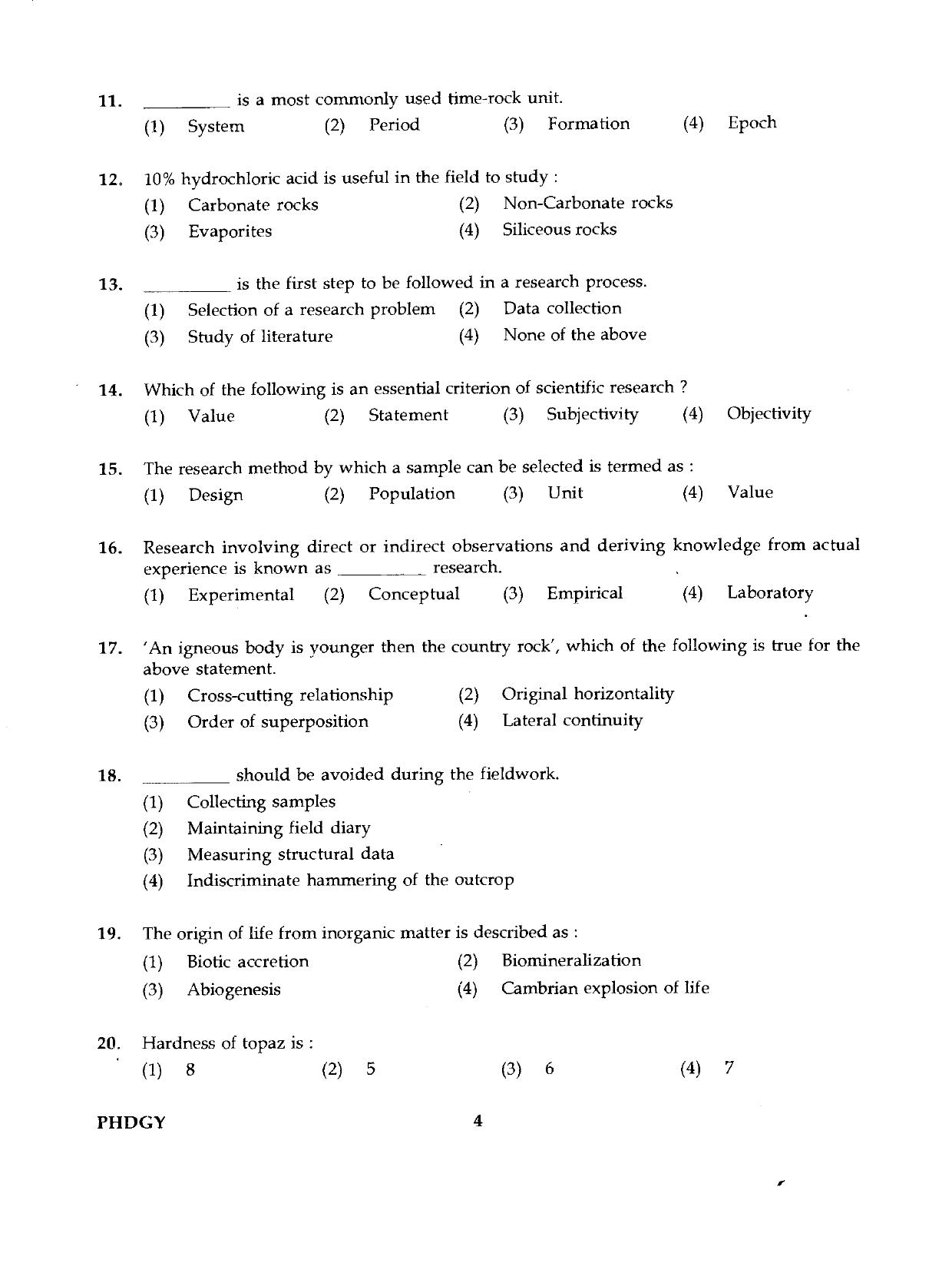 IGNOU PhD Entrance Test Ph.D./M.Phil (Geology) 2019 Question Paper - Page 4
