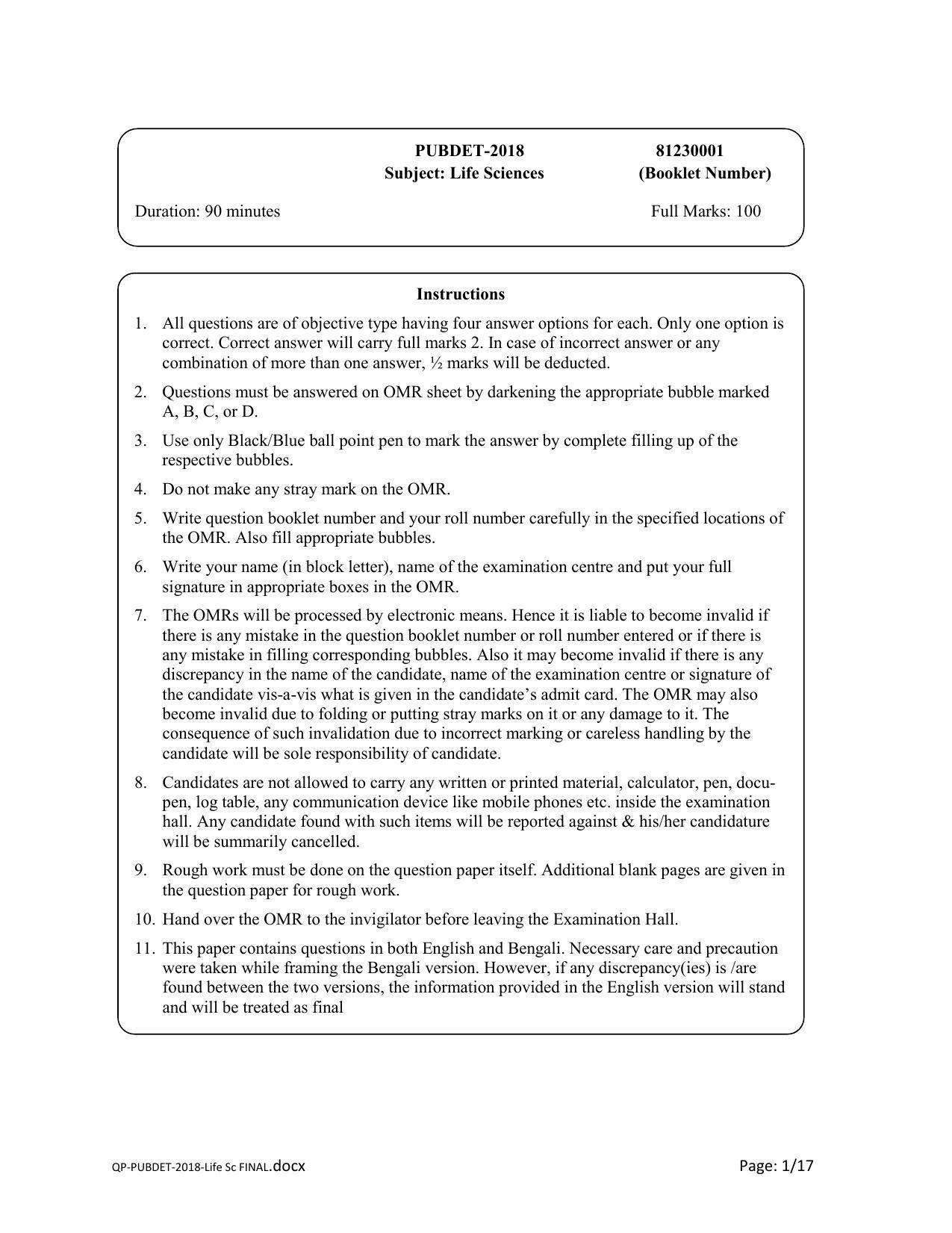 PUBDET 2018 Life Sciences Question Papers - Page 1