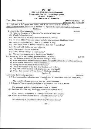 Bilaspur University Question Paper June 2022: M.A. English (Second Semester) Fiction & Short Stories Paper 1