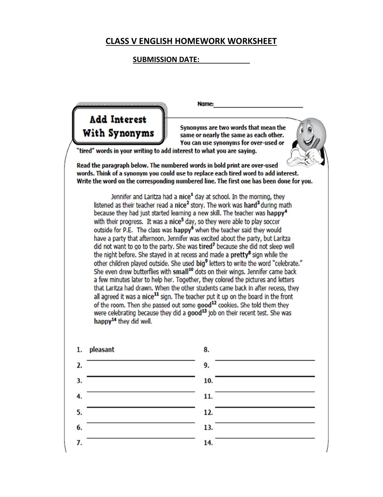 Worksheet for Class 5 English Synonyms Assignment 2 - Page 1