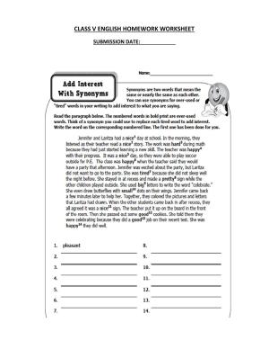 Worksheet for Class 5 English Synonyms Assignment 2