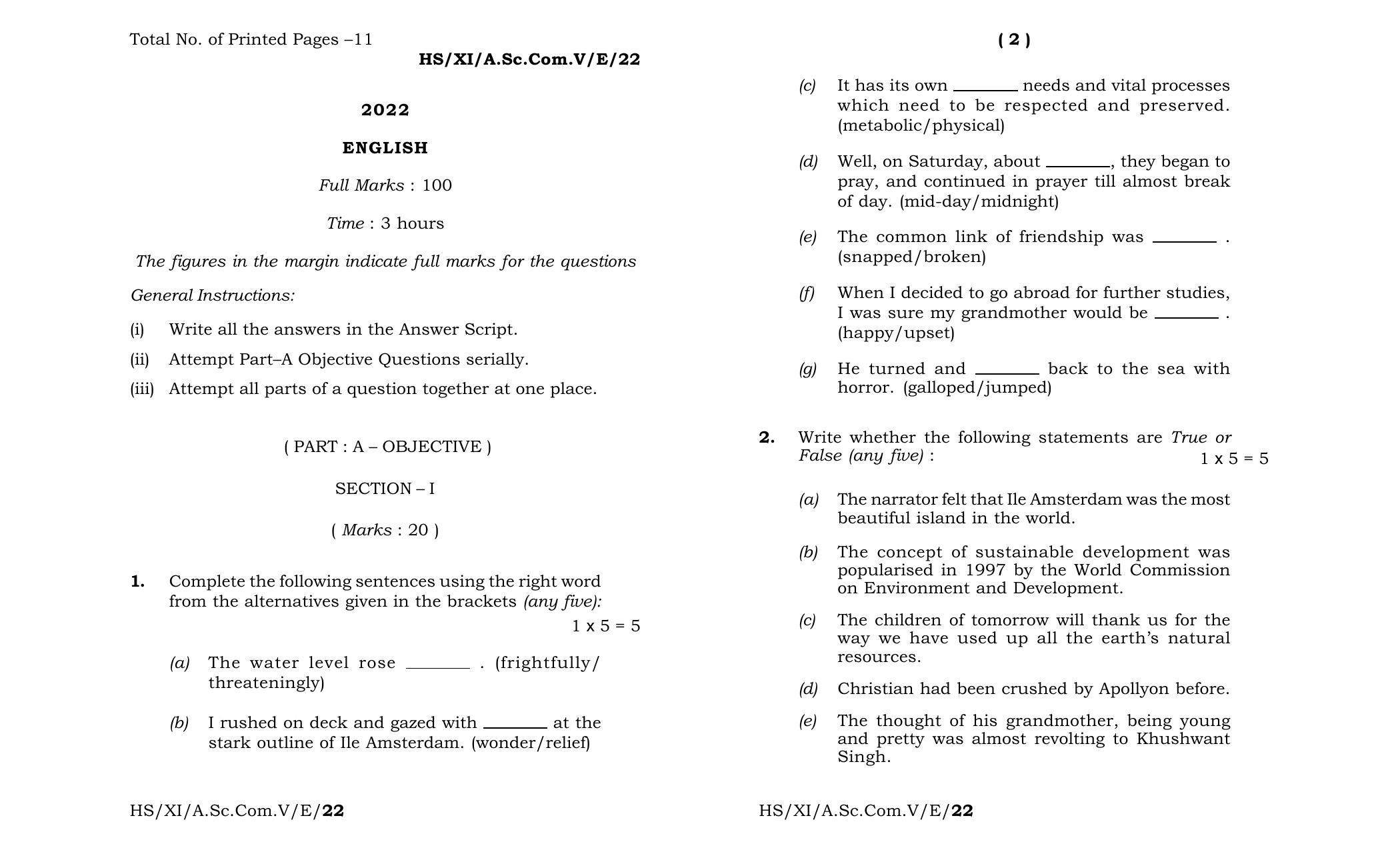 Meghalaya Board (MBOSE) Class 11 English (theory) 2022 Question Paper - Page 1
