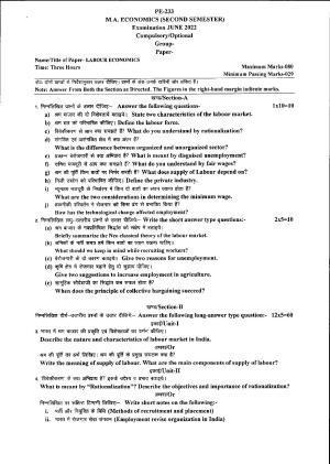 Bilaspur University Question Paper June 2022:M.A. Economics (Second Semester) Labour Economics (Group - B) Paper 1