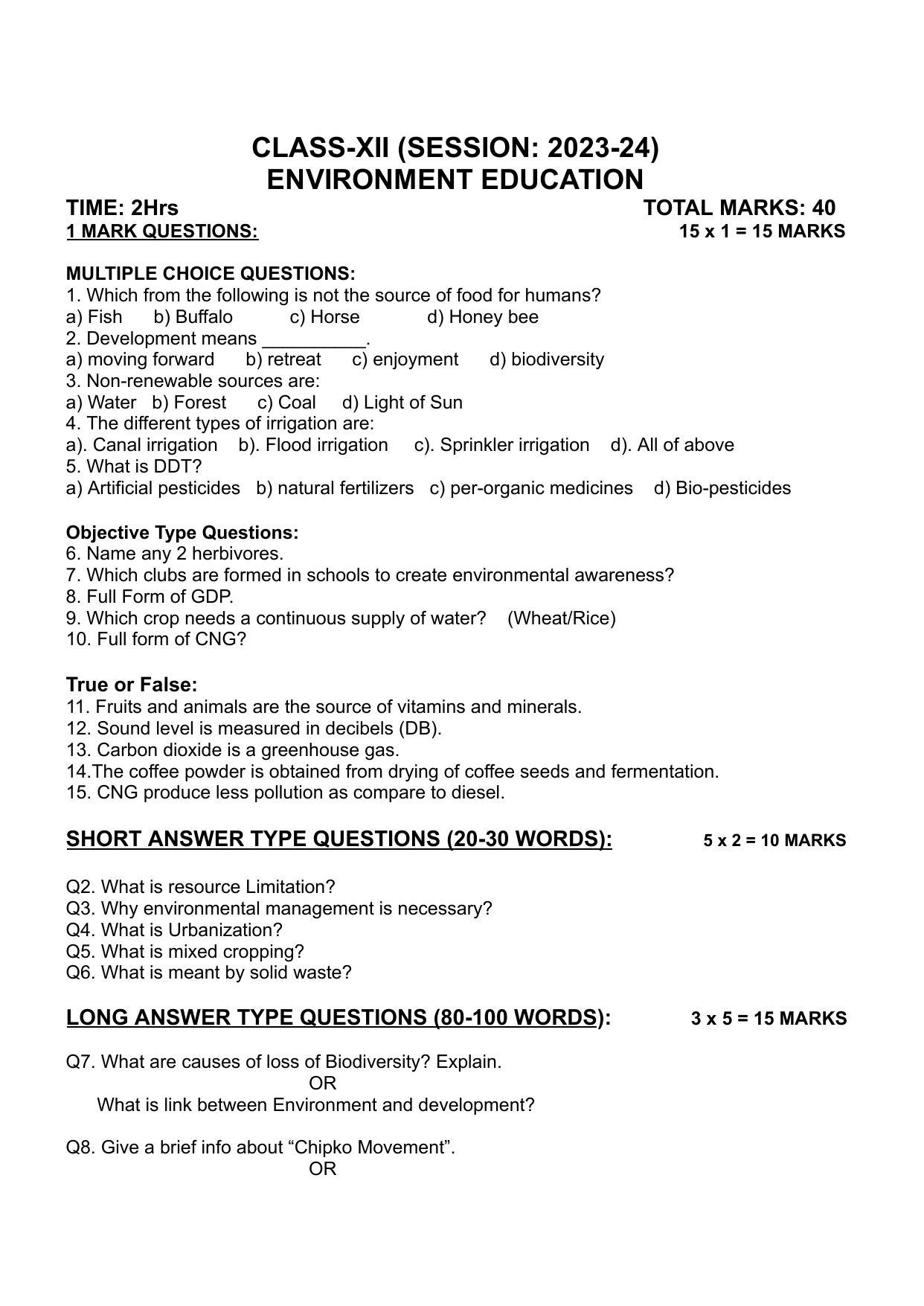 PSEB 12th Environmental Science Model Paper 2024 - Page 1