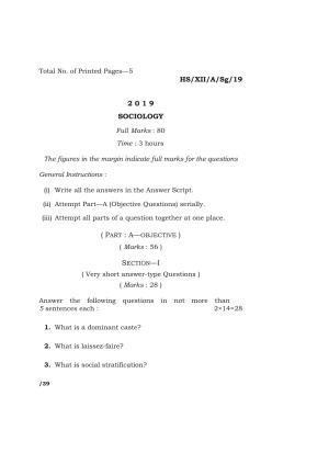 Meghalaya Board (MBOSE) Class 12 SOCIOLOGY 2019 Question Paper
