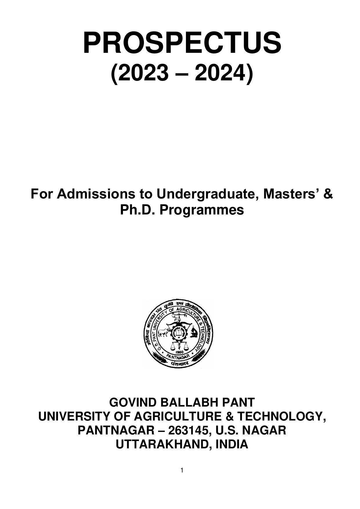 GBPUAT Entrance Exam Prospectus 2023 - Page 1