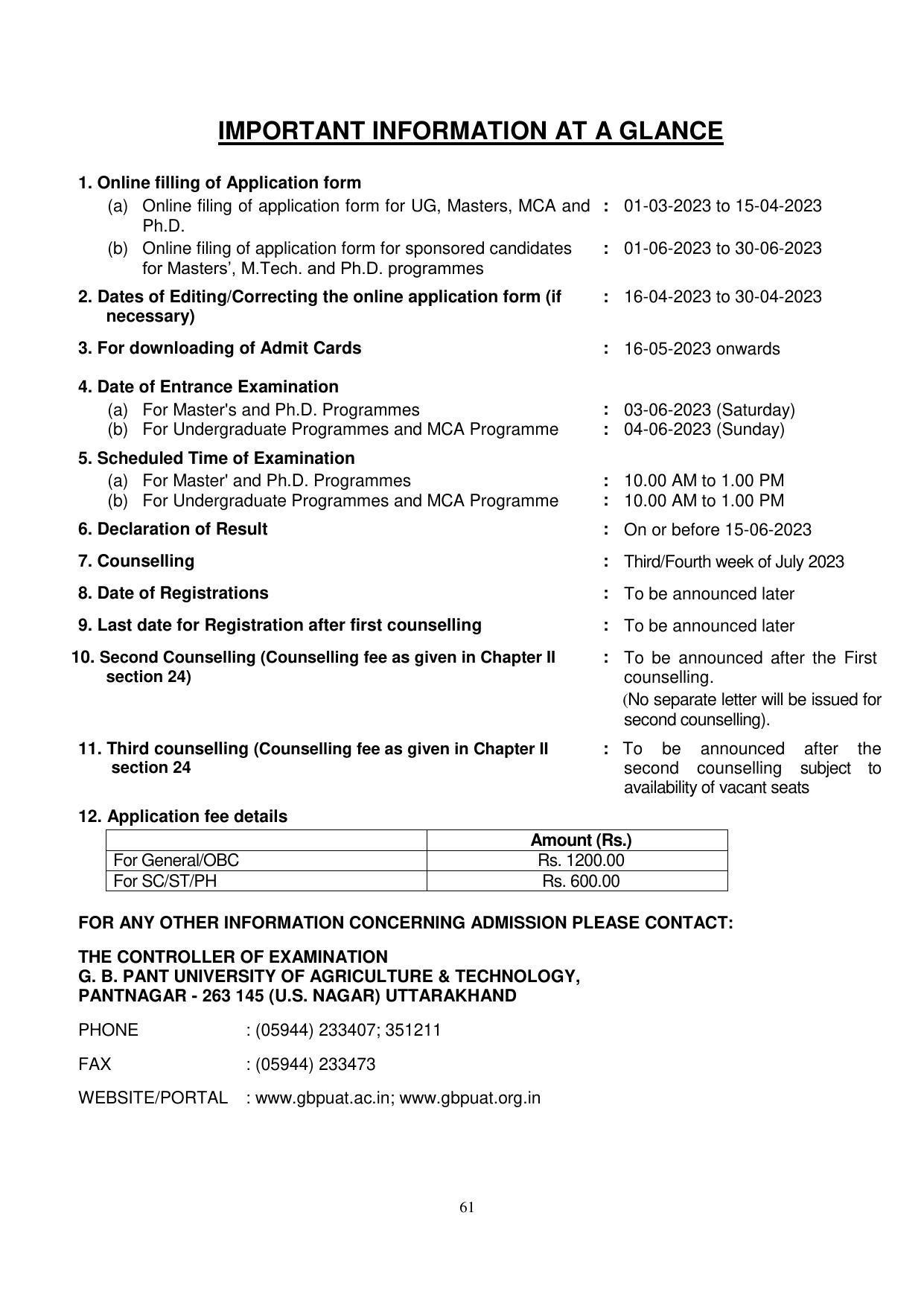 GBPUAT Entrance Exam Prospectus 2023 - Page 61