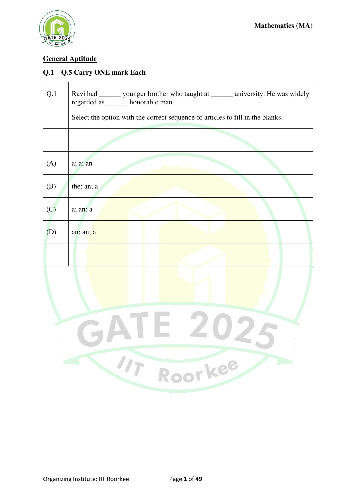 GATE 2025 Mathematics (MA) Question Paper - Page 1