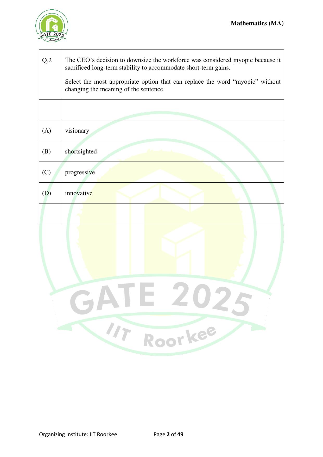 GATE 2025 Mathematics (MA) Question Paper - Page 2