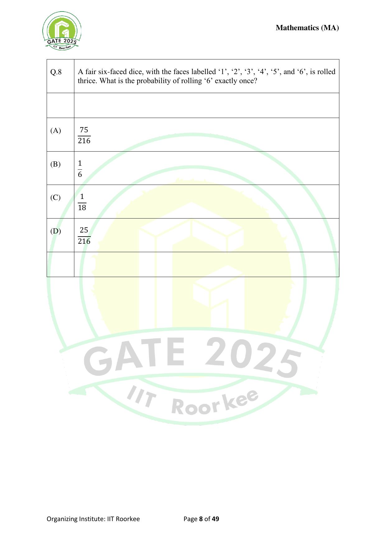 GATE 2025 Mathematics (MA) Question Paper - Page 8