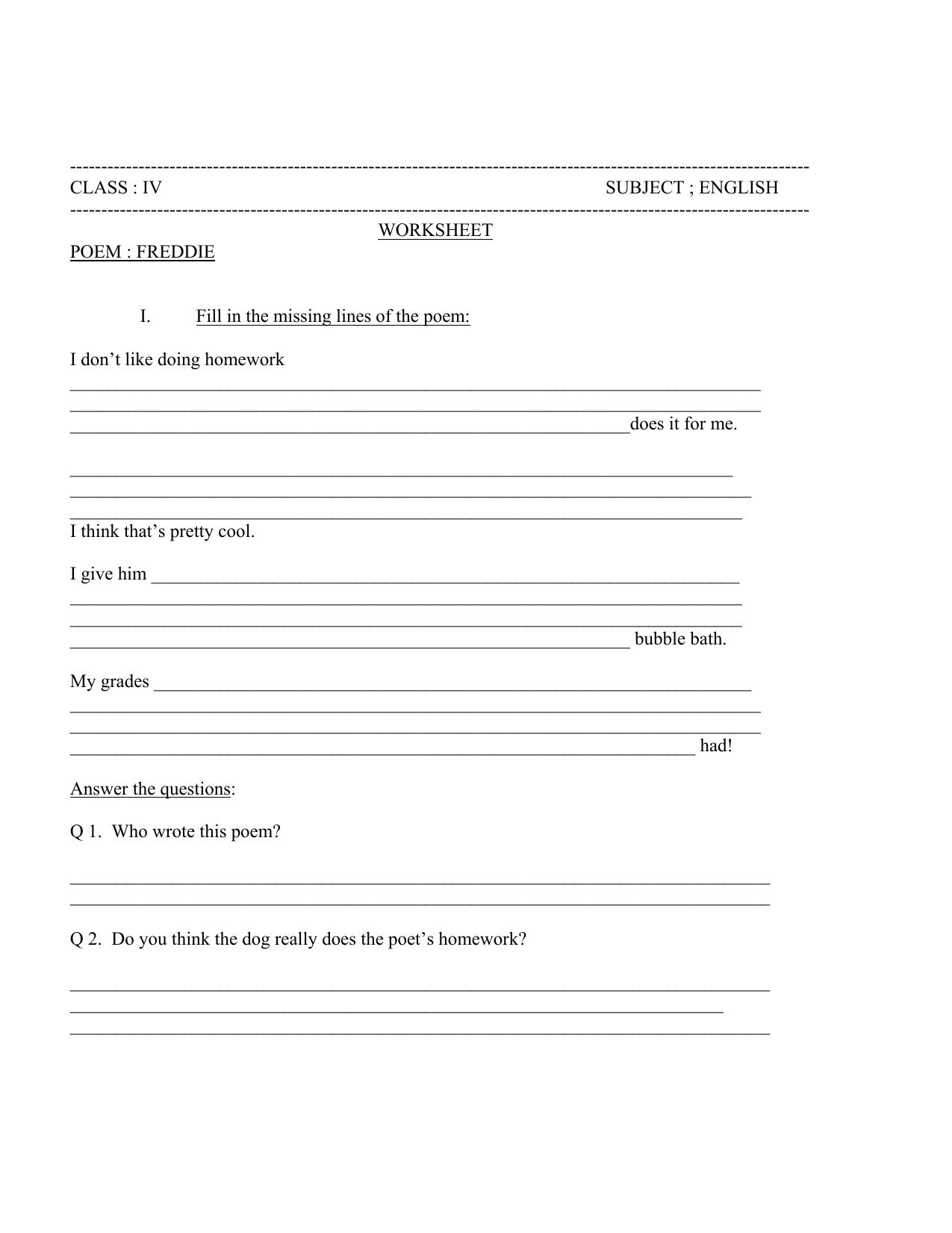Worksheet for Class 4 English Assignment 67 Freddie - Page 1
