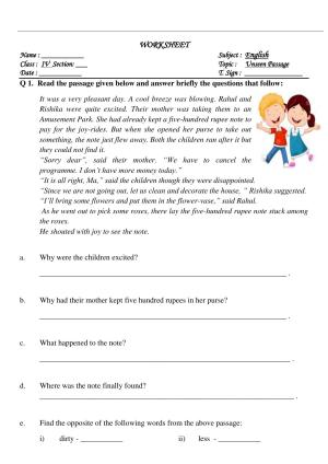 Worksheet for Class 4 English Assignment 109 Unseen Passage