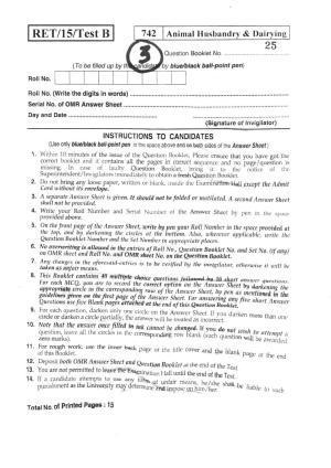 BHU RET ANIMAL HUSBANDRY & DAIRYING 2015 Question Paper