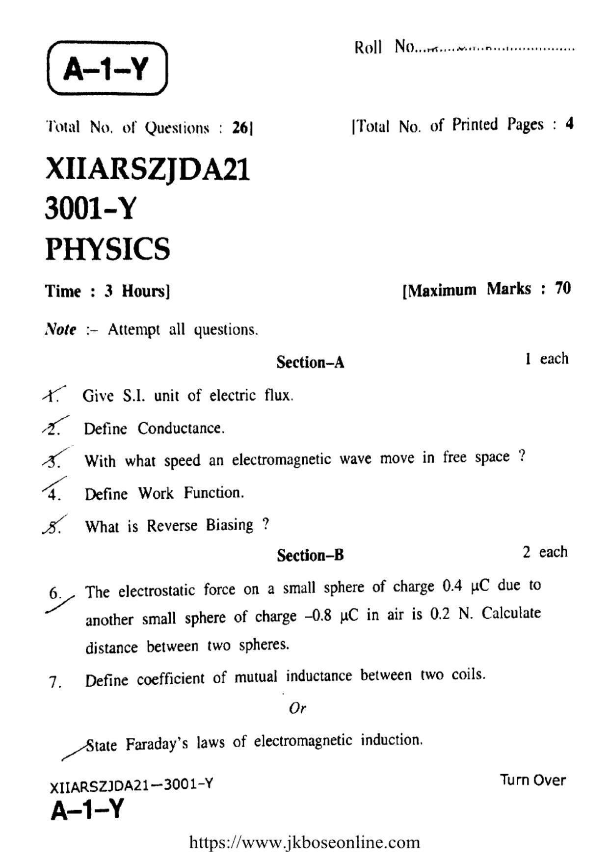 JKBOSE Class 12 Physics 3001-Y Question Papers 2021 - Page 1